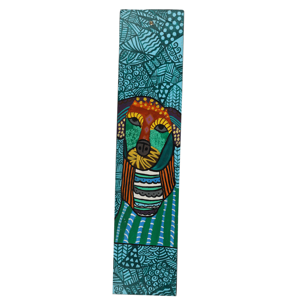 Indha Hand Painted Wall Decor | Multicolor Sustainable Wall Decor | Tall Wall Decor | Multicolor Dog Face Hand Painted Wall Decor |Green Board Wall Decor |
