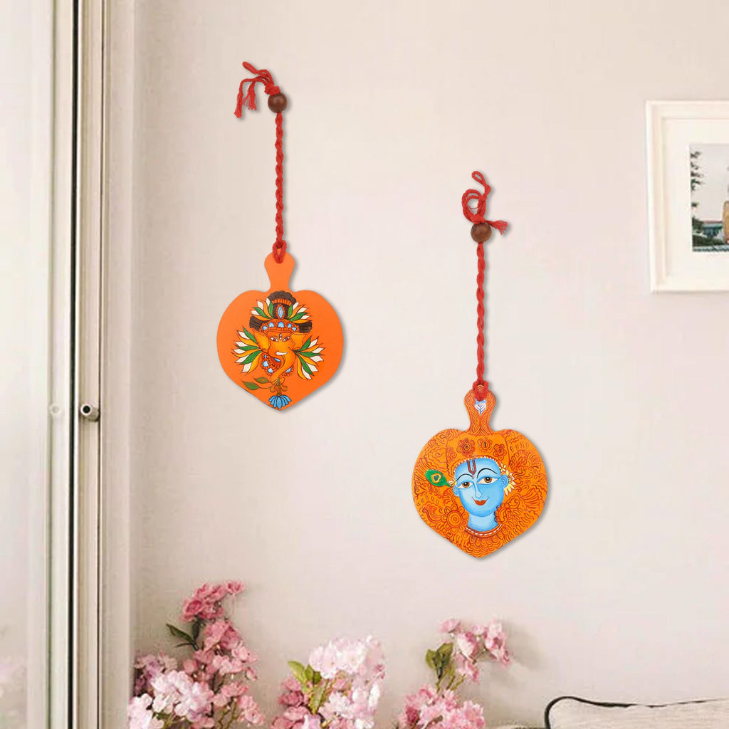 Indha Hand Painted Lord Krishana & Kartikeya Print Wall Hanging Set of 2