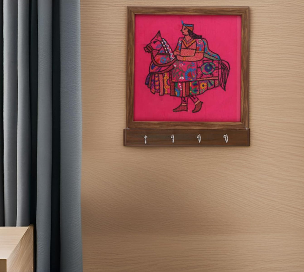 Indha Wooden Wall Mounted Key Holder | Pink Dupion Silk Key Holder | Kachhi Ghodi Embroidered Key Rack | Handmade Kantha Work Indha