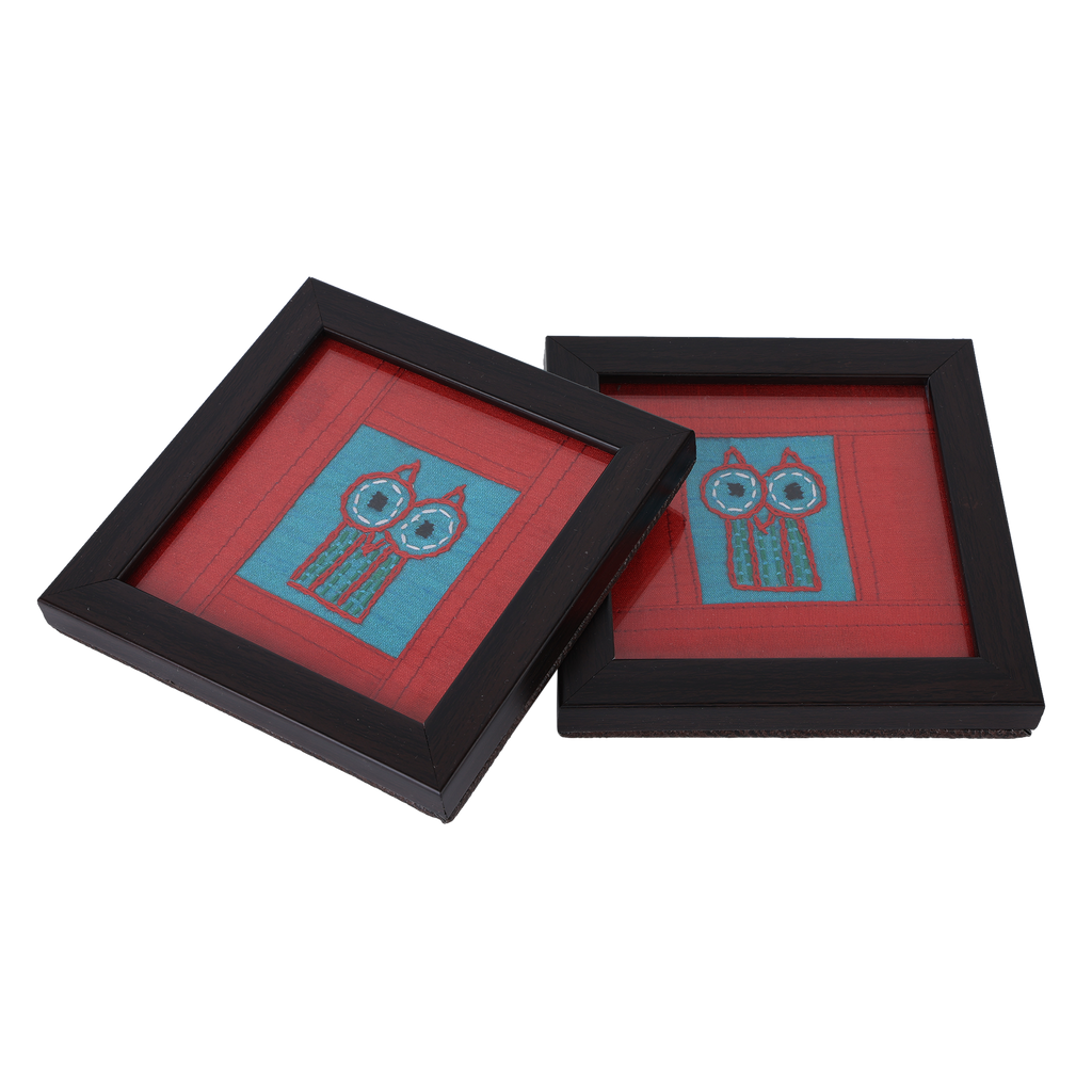 INDHA Owl Design Chain Stitch Hand-Embroidered Sky Blue Dupion Silk Wooden Glass Coaster Set of 2 | Water Glass Coaster & Utility Décor Gift