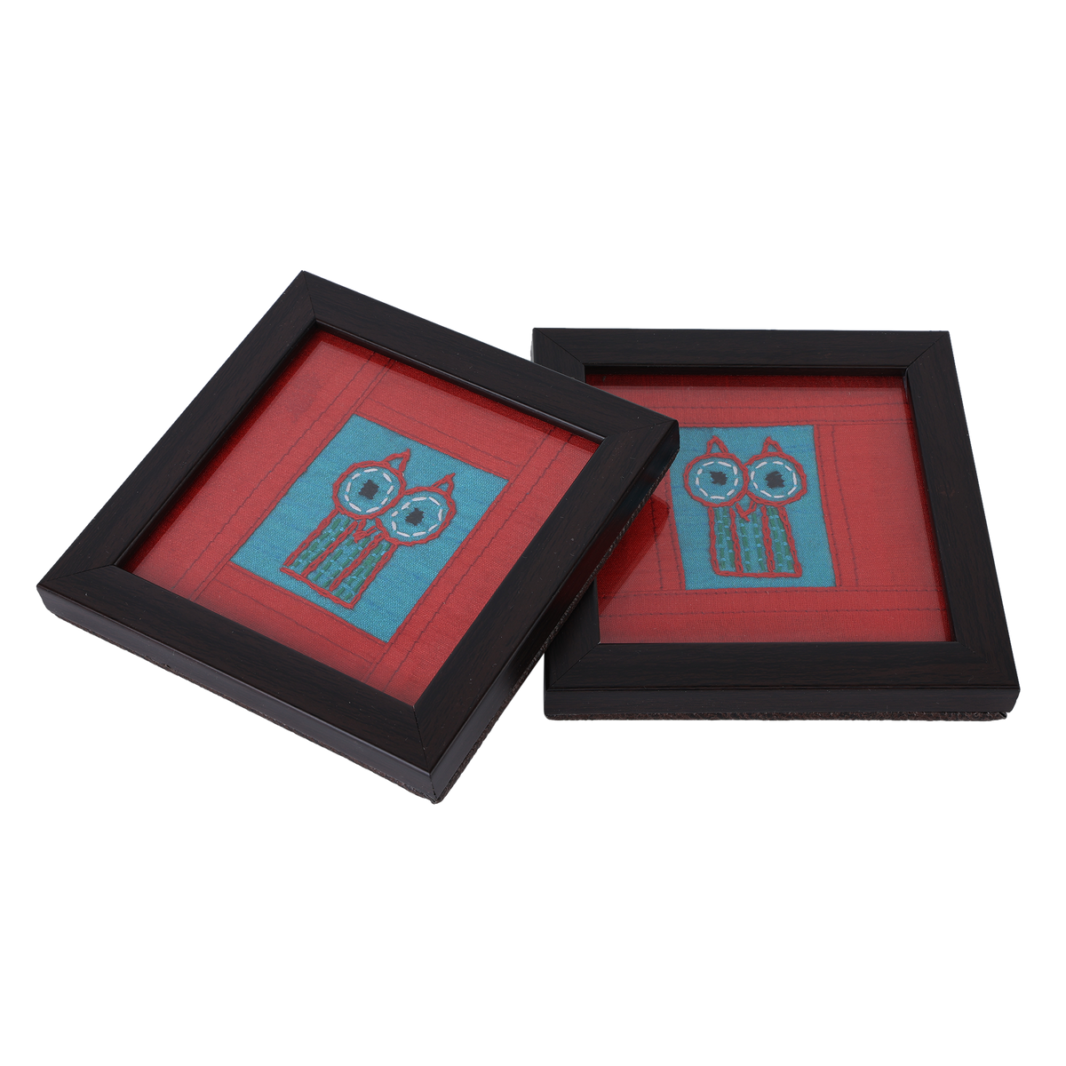 INDHA Owl Design Chain Stitch Hand-Embroidered Sky Blue Dupion Silk Wooden Glass Coaster Set of 2 | Water Glass Coaster & Utility Décor Gift