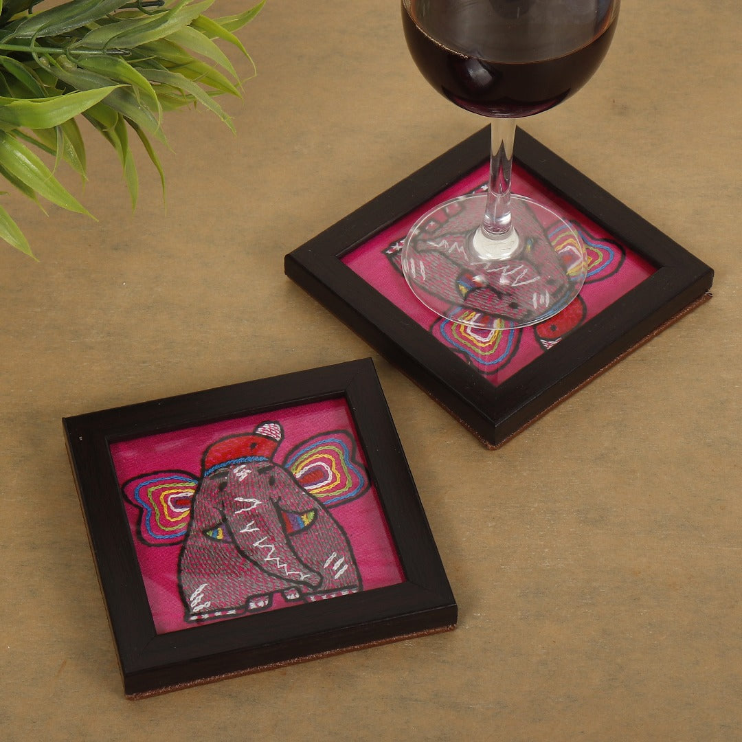 INDHA Baby Elephant Kantha Work Hand-Embroidered Pink Dupion Silk Wooden Glass Coaster Set of 2 | Handmade Utility Décor