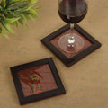 INDHA doodle monster design kantha work hand embroidered on rust dupion silk wooden glass coaster set | Set of 2 glass coaster | Hand embroidered utility décor |