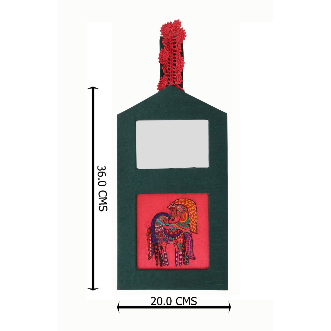 Indha Horse Embroidered Wall Hanging with Mirror | Handcrafted in Repurposed Wood | Artistic &amp; Eco-Friendly Décor | Symbol of Strength &amp; Positivity