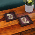 INDHA Hand-Embroidered Ambiya (Paisley) Wooden Glass Coaster Set of 2 with Silver Thread Work | Festive & Corporate Gift