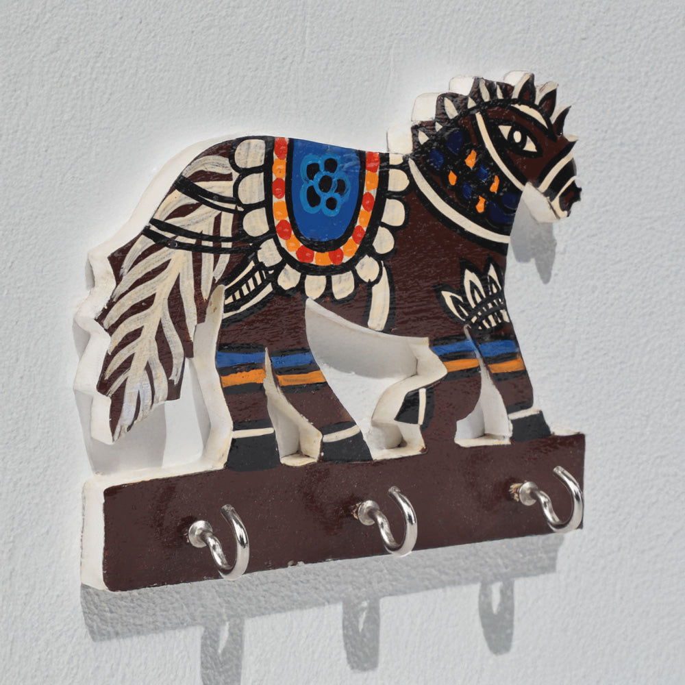 Indha Wooden Wall Mounted Key Holder Handcrafted | Horse Design Key Holder | Hand Painted Multicolor Key Hanger for Home | Unique Gift for Horse Lovers Indha
