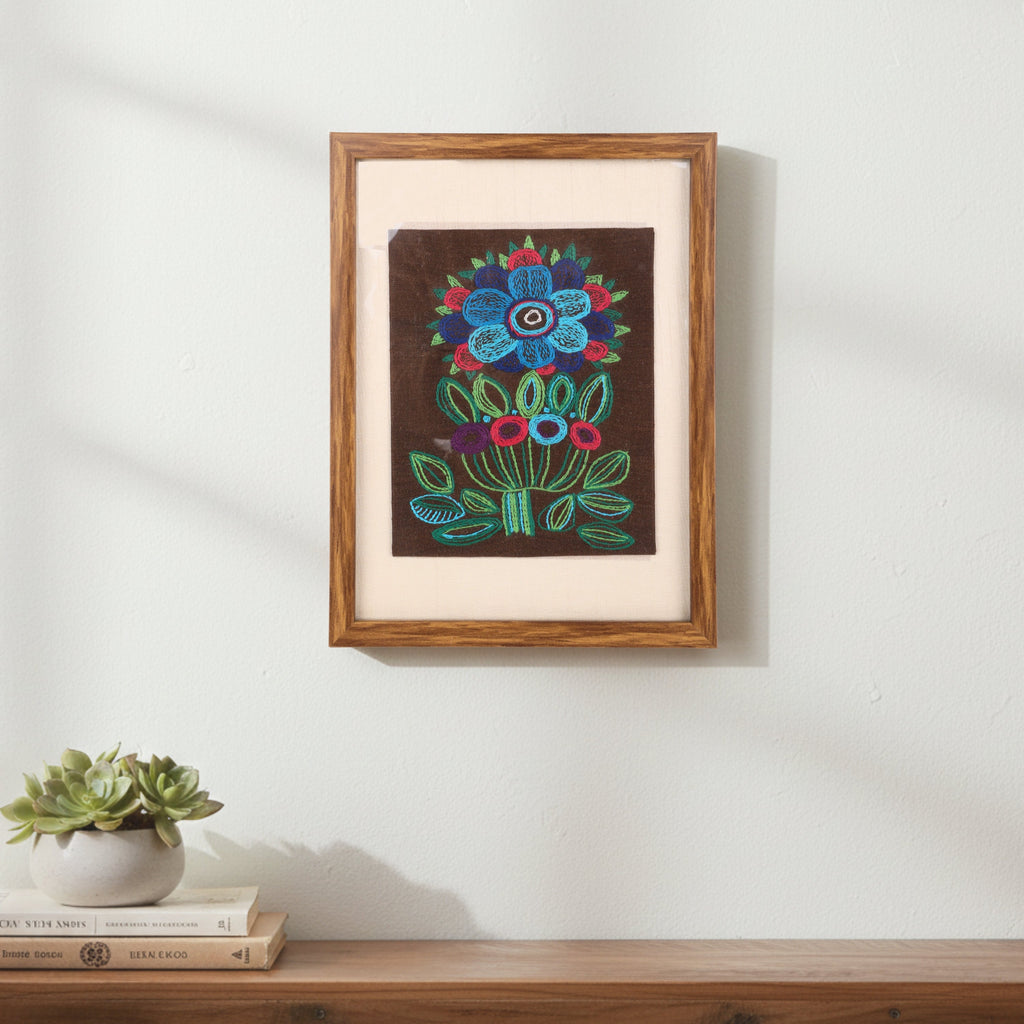 Indha Handcrafted aesthetic wall painting & Décor | Floral Hand Embroidery on Silk | Wooden Frame + Vegan Leather Back Finish | Sustainable Décor