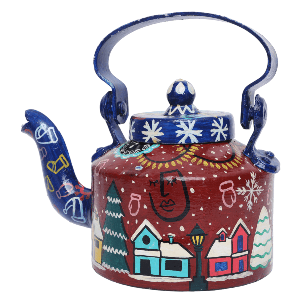 INDHA Hand-Painted Aluminium Christmas Theme Kettle | Large Decorative Vintage Tea Kettle for Holiday Home Décor & Gifting