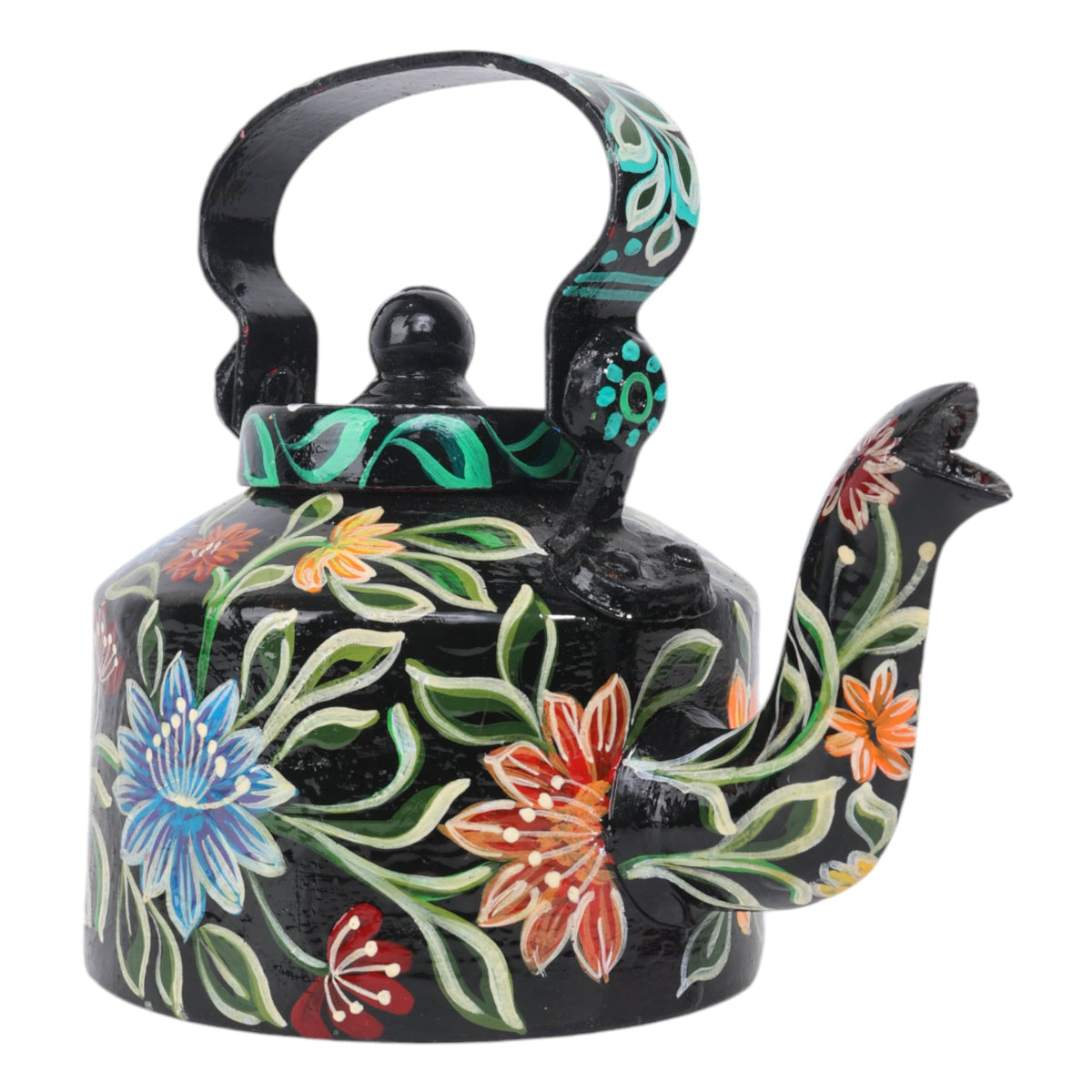 INDHA Decorative Aluminium Hand Painted Kettle Flower Print (1 Litre) | Vintage Aesthetic Tea Kettle Home Décor Showpiece