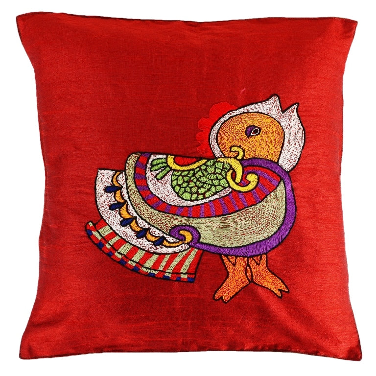 Indha Multicolor Robin-Bird Cushion Cover |Hand Embroidered |Maroon And Green Dupion Silk 16.0X16.0 Inches Cushion Cover |Festival Gift |Ethnic Indian Home Furnishing | Corporate Gifting