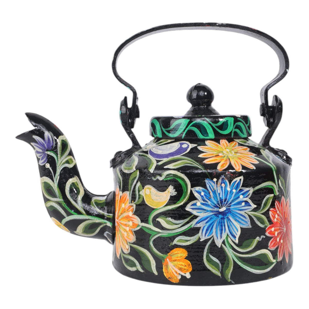 INDHA Decorative Aluminium Hand Painted Kettle Flower Print (1 Litre) | Vintage Aesthetic Tea Kettle Home Décor Showpiece