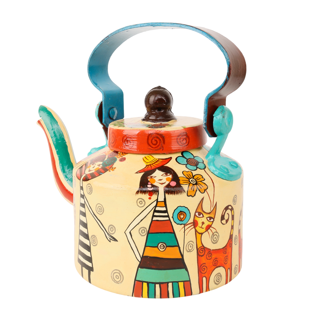 Indha Hand-Painted Aluminium Kettle – Girl with Cat Design | Handmade Decorative Teapot | Indian Folk Art Home Décor | 5.5 Inch Height