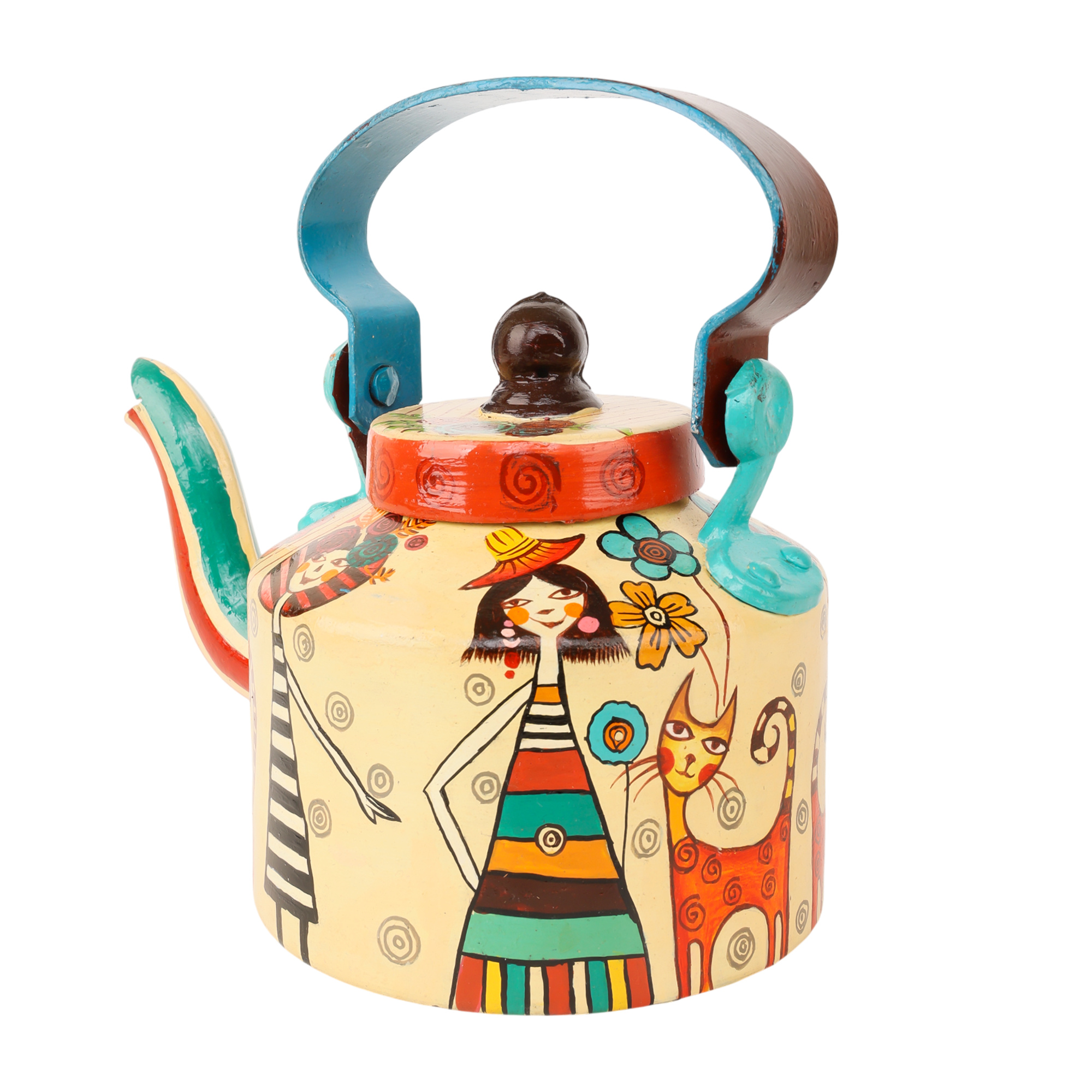 Indha Hand-Painted Aluminium Kettle – Girl with Cat Design | Handmade Decorative Teapot | Indian Folk Art Home Décor | 5.5 Inch Height