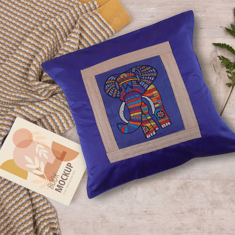 Indha Hand Embroidered Cushion Cover Elephant Embroidery | Dupion Silk Cushion Cover |  Corporate Gifting | Home Furnishing | Home Improvement | Home Decor | Set of 2,16x16 Inches Cushion Cover