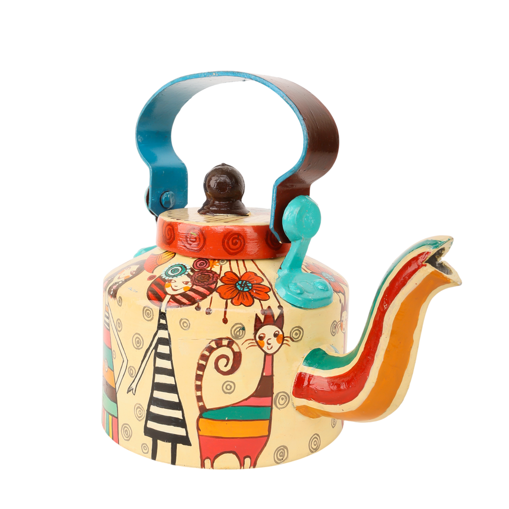 Indha Hand-Painted Aluminium Kettle – Girl with Cat Design | Handmade Decorative Teapot | Indian Folk Art Home Décor | 5.5 Inch Height
