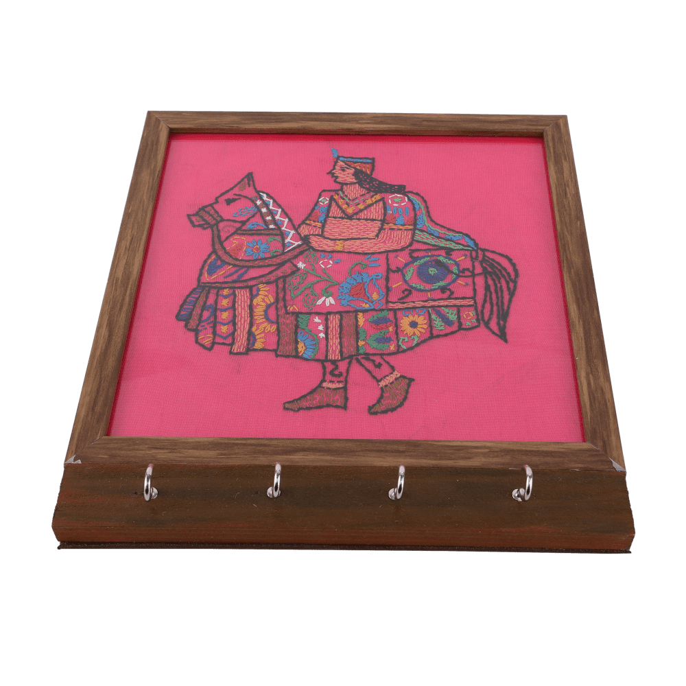 Indha Wooden Wall Mounted Key Holder | Pink Dupion Silk Key Holder | Kachhi Ghodi Embroidered Key Rack | Handmade Kantha Work Indha