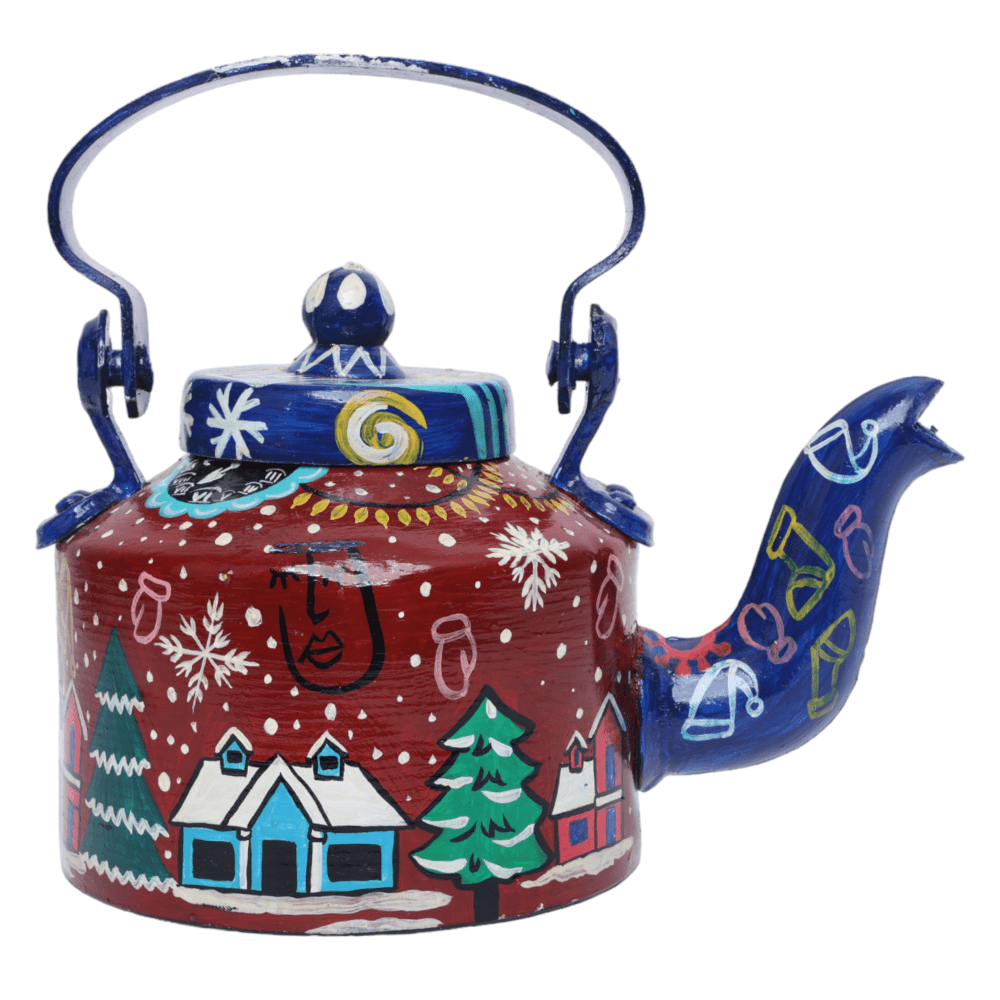 INDHA Hand-Painted Aluminium Christmas Theme Kettle | Large Decorative Vintage Tea Kettle for Holiday Home Décor & Gifting