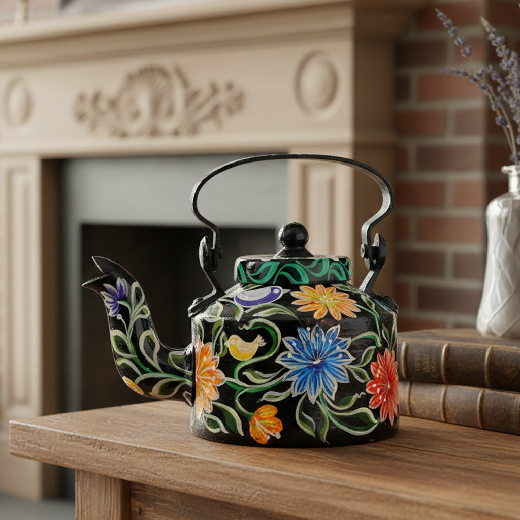 INDHA Decorative Aluminium Hand Painted Kettle Flower Print (1 Litre) | Vintage Aesthetic Tea Kettle Home Décor Showpiece