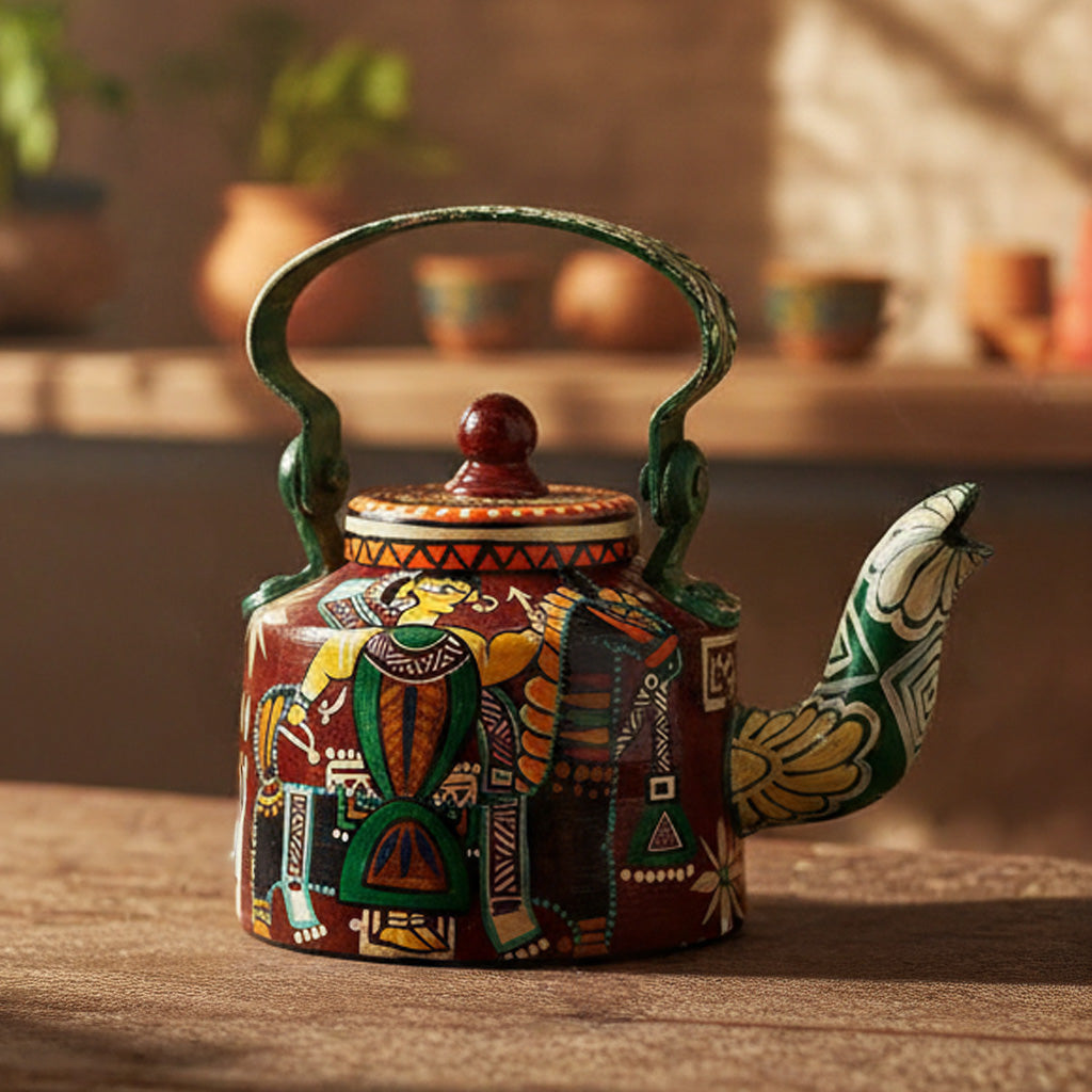 INDHA Hand-Painted Aluminium Kettle Kachchhi Ghodi Dance Theme | Multicolour Decorative Vintage Tea Kettle Home Décor Gift