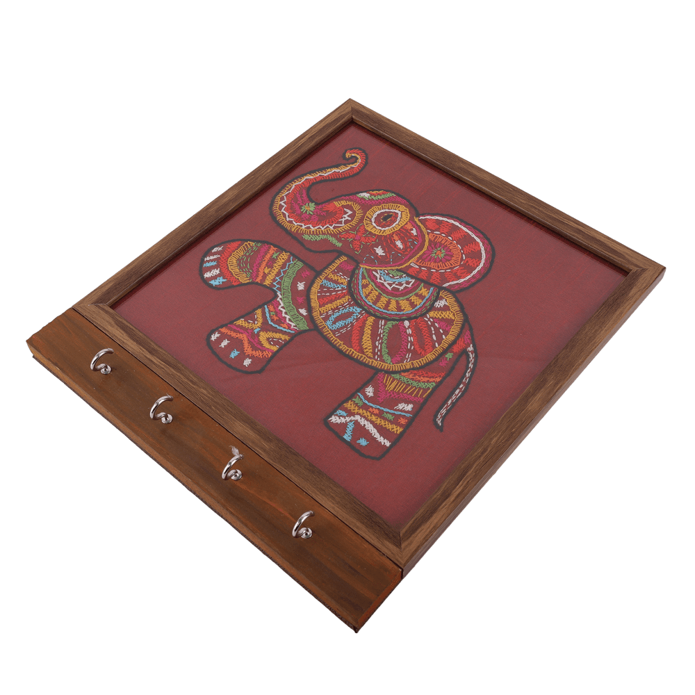 Indha Handcrafted Maroon Dupion Silk Key Holder | Elephant Design Wall Mounted Key Organizer | Hand Embroidered Kantha & Chain Stitch | Wooden Base