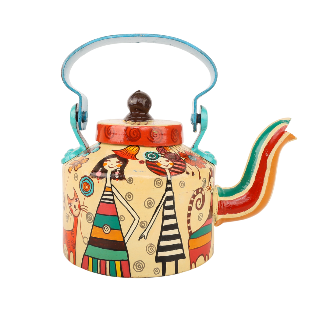 Indha Hand-Painted Aluminium Kettle – Girl with Cat Design | Handmade Decorative Teapot | Indian Folk Art Home Décor | 5.5 Inch Height