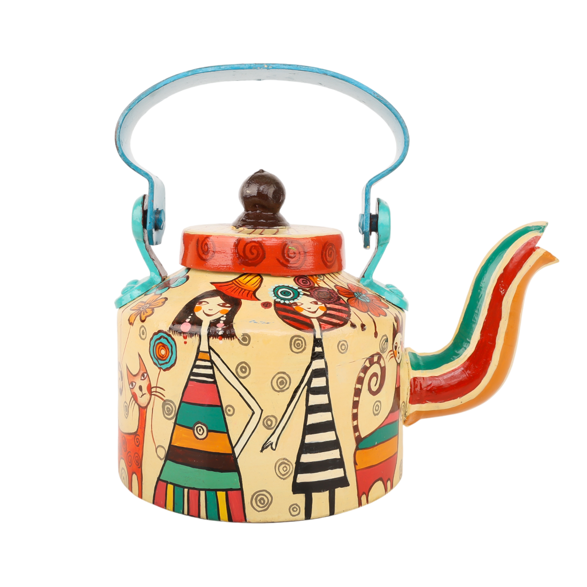 Indha Hand-Painted Aluminium Kettle – Girl with Cat Design | Handmade Decorative Teapot | Indian Folk Art Home Décor | 5.5 Inch Height