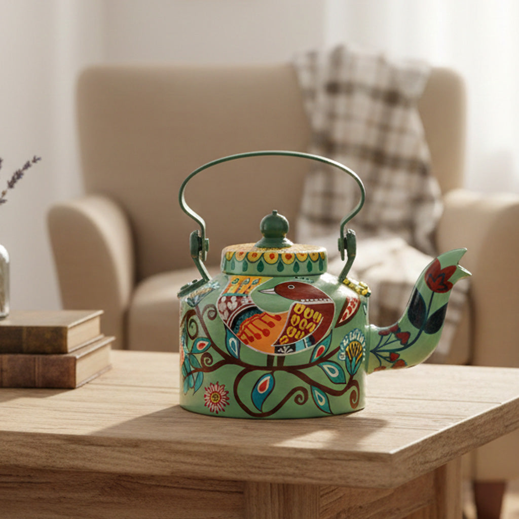 INDHA Hand-Painted Aluminum Decorative Kettle – Sparrow on Branch Artwork | Nature-Inspired Bird Design | 1-Litre | Home Décor, Tea Serving & Gifting