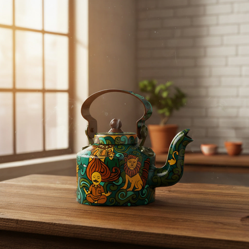 INDHA Hand-Painted Aluminum Decorative Kettle – Meditating Figure, Lion & Elephant Art | Nature-Inspired Floral Design | 1-Litre | Home Décor, Tea Serving & Gifting