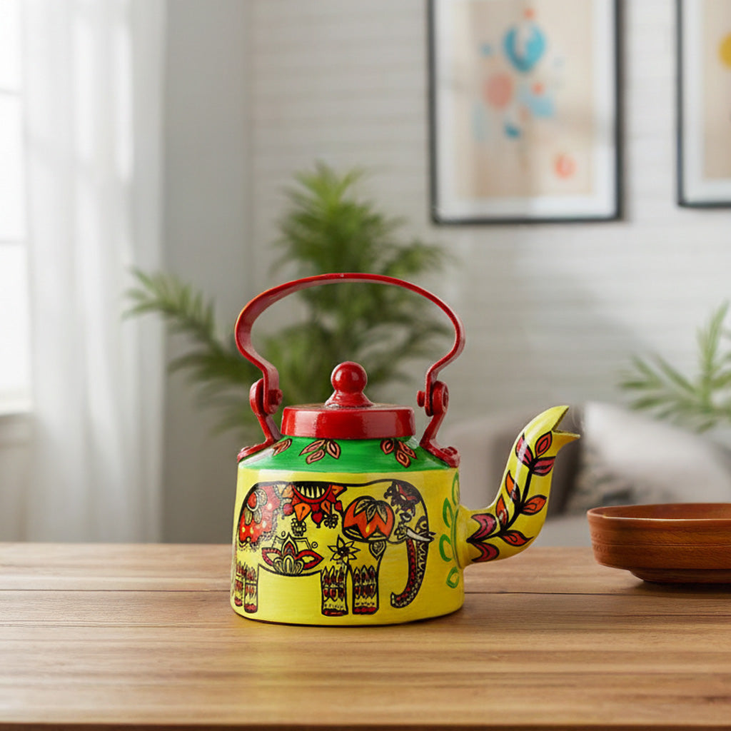 INDHA Yellow Hand Painted Aluminium Decorative Kettle With Elephant Print | Handpainted Décor | Home Décor | Home Utility | Living Room Décor | Gifting | Décor | Kitchen Utility