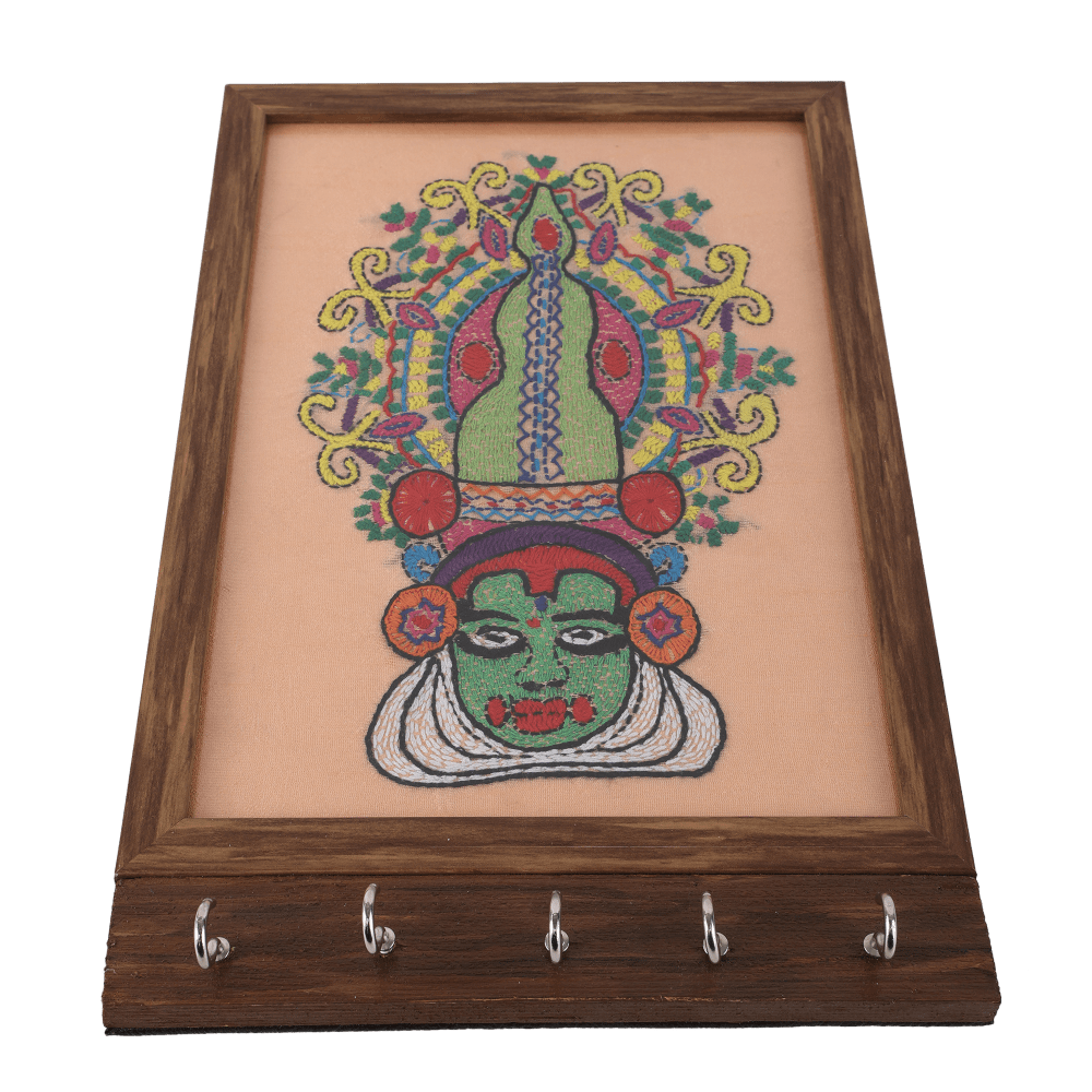 Indha Handcrafted Key Holder For Home | Peach Dupion Silk Key Holder| Hand Embroidered Chain Stitch And Kantha Work Multicolor Kathakali Dancer Face Design | Pine Wood Key Holder | Handmade