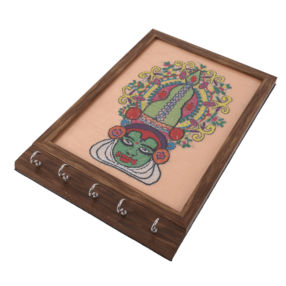 Indha Handcrafted Key Holder For Home | Peach Dupion Silk Key Holder| Hand Embroidered Chain Stitch And Kantha Work Multicolor Kathakali Dancer Face Design | Pine Wood Key Holder | Handmade