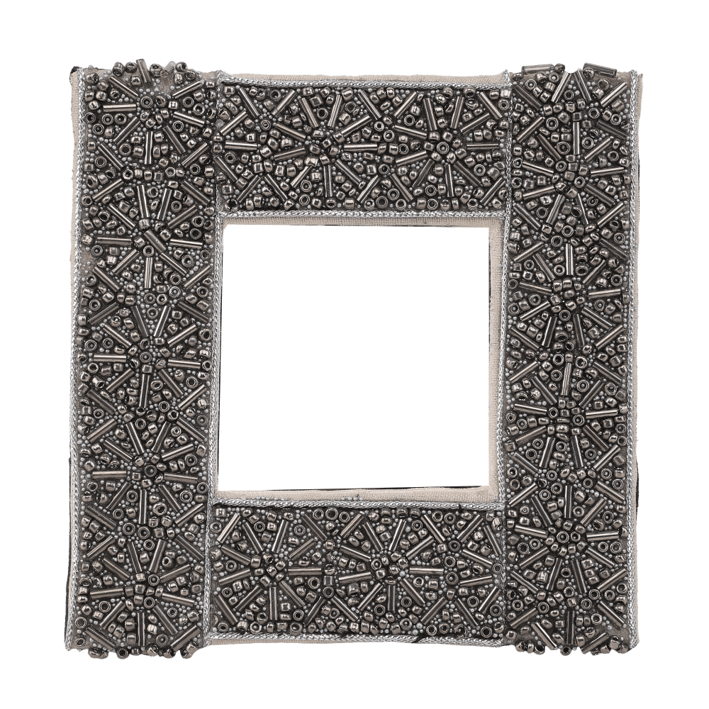 Indha Handcrafted Mirror | Handcrafted Small Mirror | Unique Design Mirror | Small Table Mirror | Decorative Mirror | Silver Glass Beads Mirror | Zardozi Work Embroidery |
