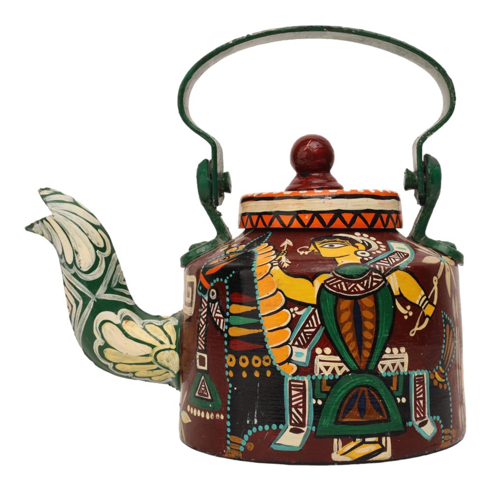 INDHA Hand-Painted Aluminium Kettle Kachchhi Ghodi Dance Theme | Multicolour Decorative Vintage Tea Kettle Home Décor Gift