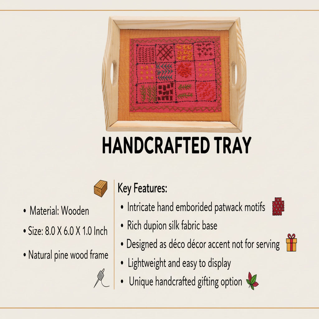 Indha Hand Embroidered Patchwork Motif Tray | Dupion Silk Pine Wood Wooden Serving & Decorative Tray