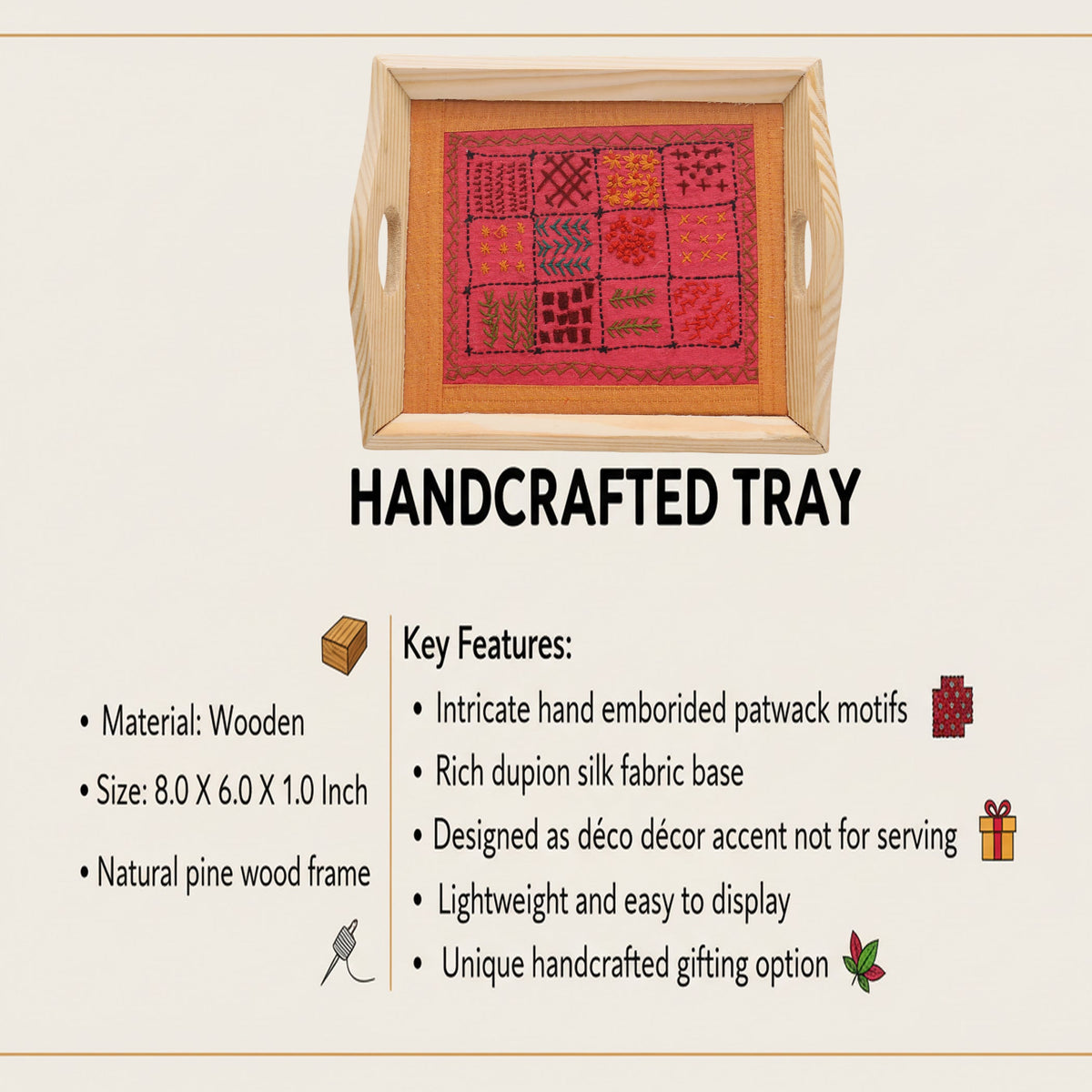 Indha Hand Embroidered Patchwork Motif Tray | Dupion Silk Pine Wood Wooden Serving & Decorative Tray