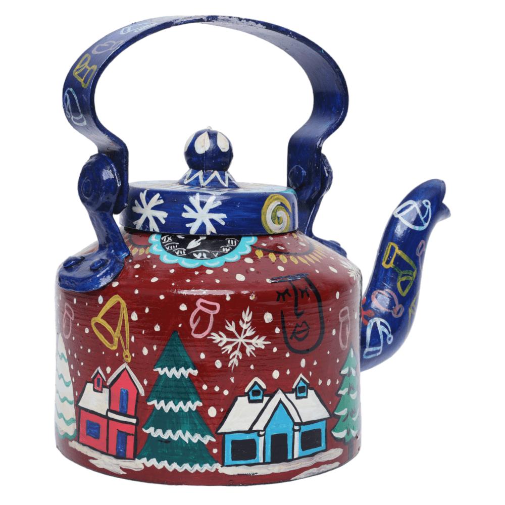 INDHA Hand-Painted Aluminium Christmas Theme Kettle | Large Decorative Vintage Tea Kettle for Holiday Home Décor & Gifting
