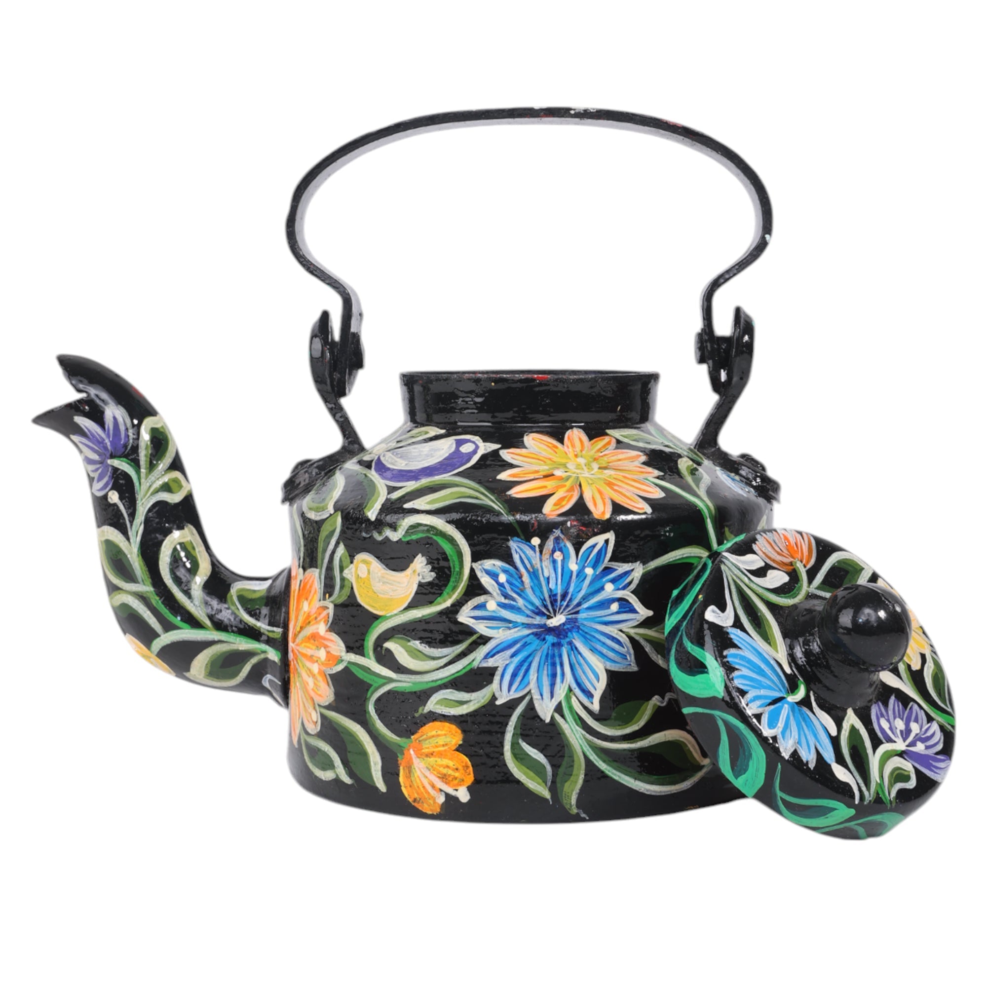 INDHA Decorative Aluminium Hand Painted Kettle Flower Print (1 Litre) | Vintage Aesthetic Tea Kettle Home Décor Showpiece