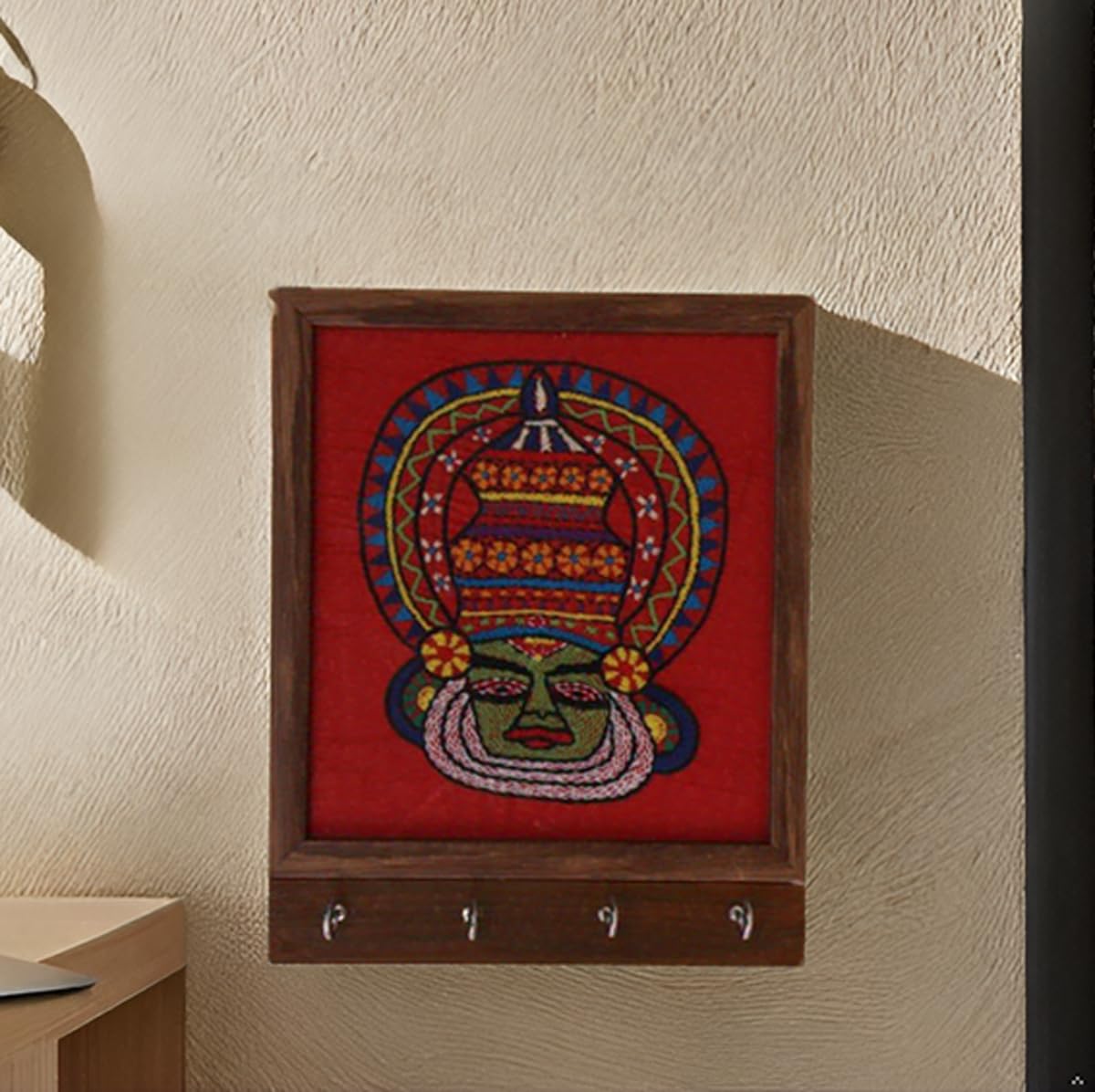 Indha Wooden Key Hanger For Wall | Handcrafted Red Dupion Silk Key Holder | Kathakali Face Embroidery Kantha & Chain Stitch | Wall Mounted Key Organizer Indha